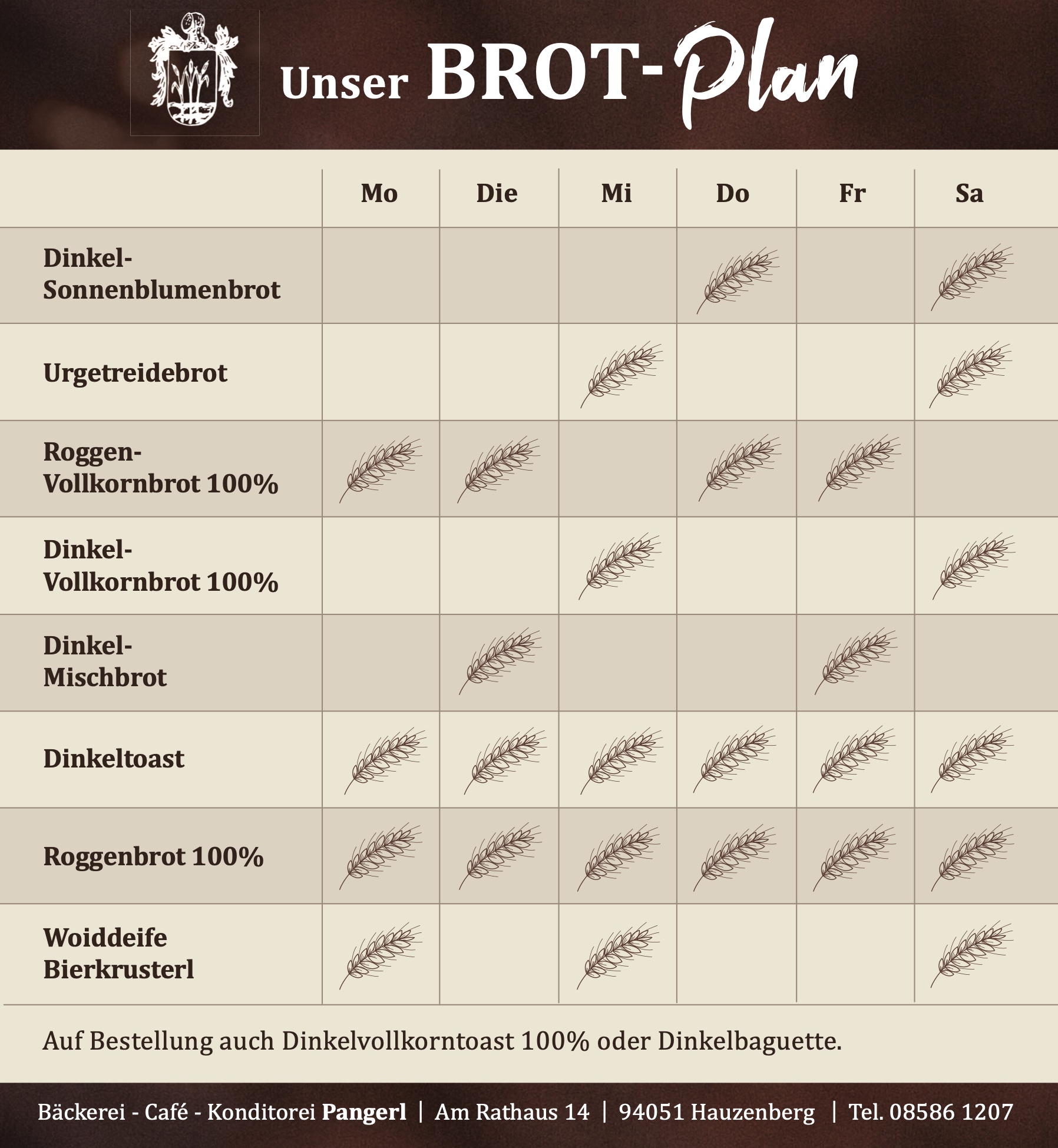 Brotplan - Wochenübersicht unserer Brotsorten